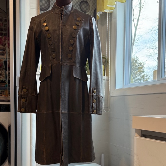 Brown Military Style Leather Jacket with Gold Buttons Size 10 - Picture 9 of 13